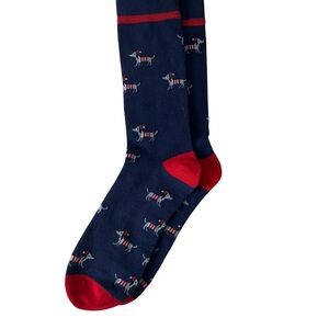 Men's Navy Dress Socks with Red Accents and Dog Motif